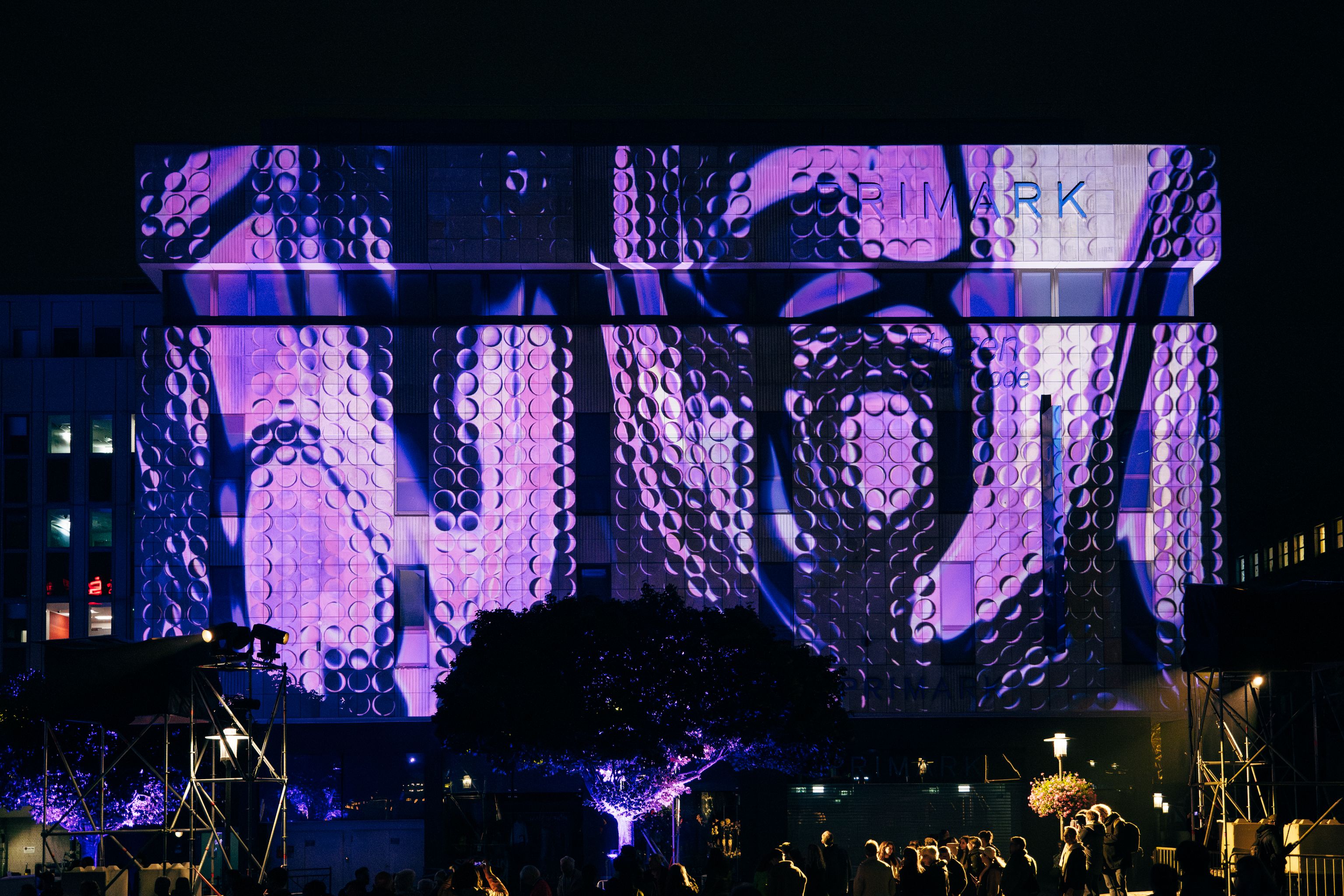 Purple video installation on the Primark facade