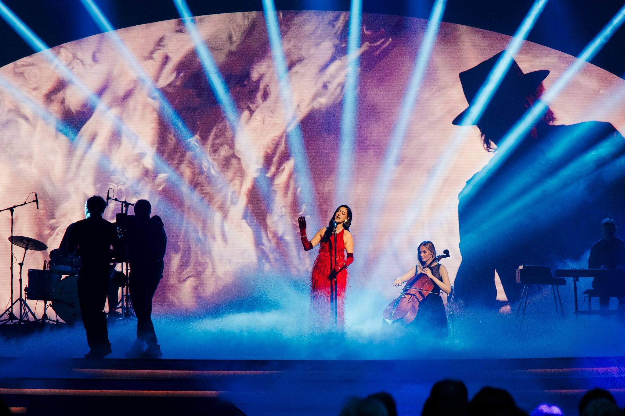 Goldene Henne 2026 — performance with large-scale screen content and blue lighting
